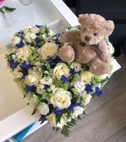 White Rose and Blue Loose Heart with Teddy
